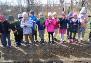 Dzieci stoją przed grządkami, w ręku trzymają cebulki.